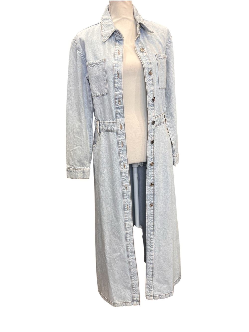Zara Light Wash Denim Maxi Shirt Dress Button Front Duster Size S - Picture 4 of 12
